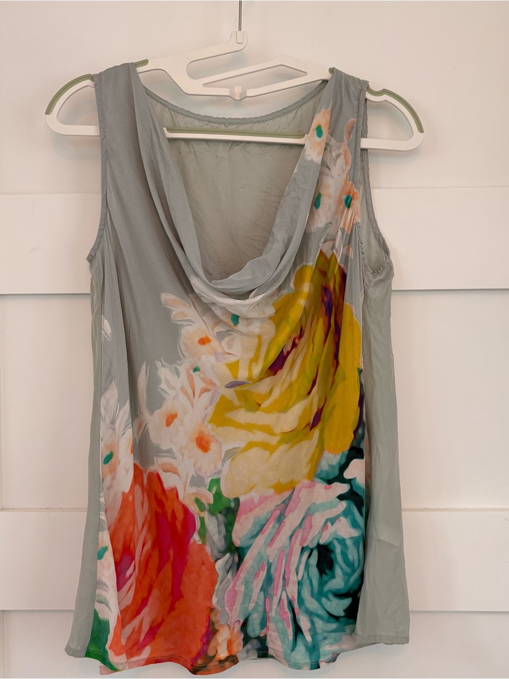 100% Silk Women's Gray Floral Draped Cowl Neck Tank Top Size XS
